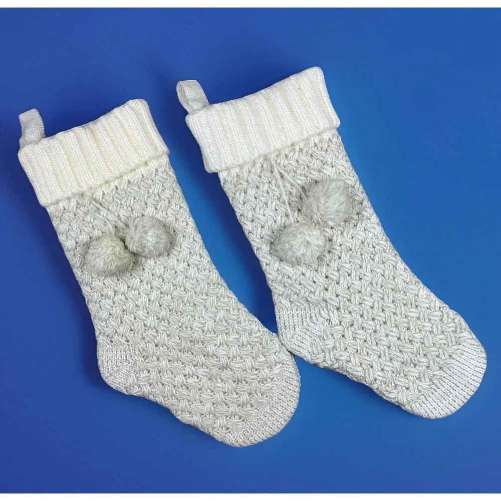 Vintage‎ Pier 1 Christmas Stocking White Crochet Knit w/ Pom Poms NWT lot of 2